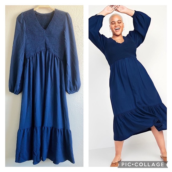 Boho Ruched Tiered Midi Dress in Navy | Medium - Picture 1 of 6